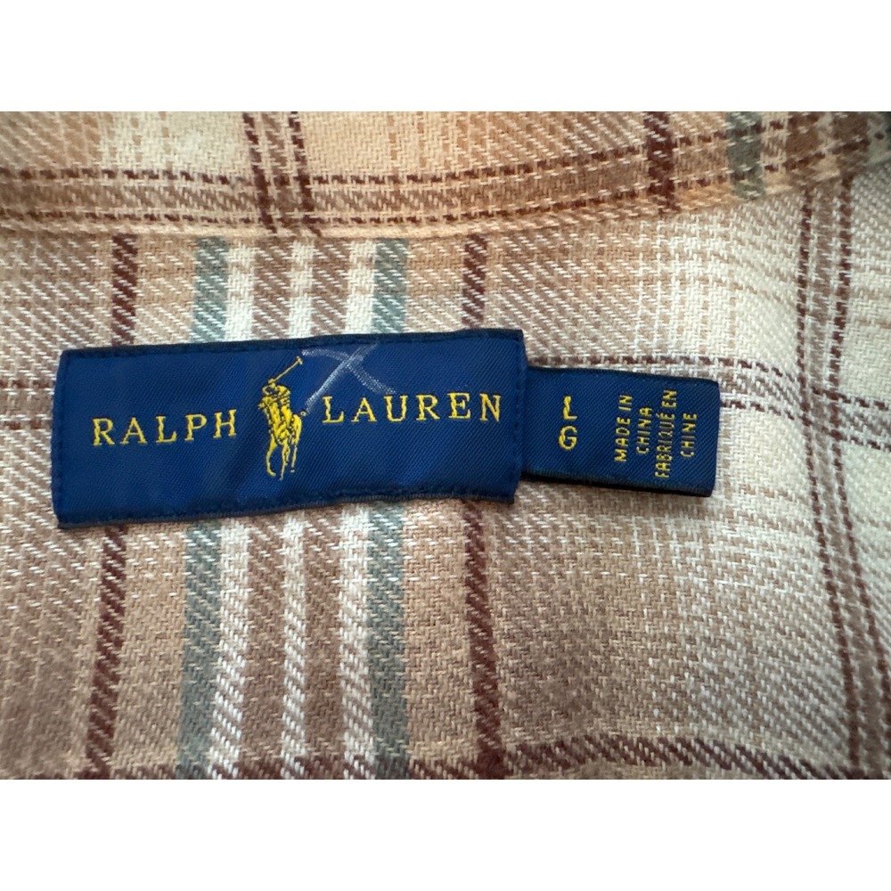 Ralph Lauren Mens Large Tan Brown Plaid Cotton Button Down Shirt Pony Logo - Picture 6 of 16